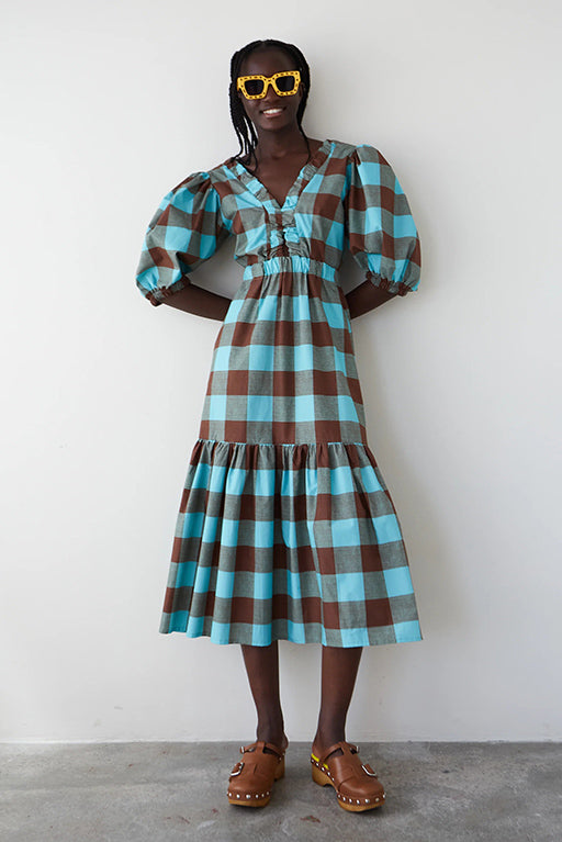 Vestido midi vichy marron